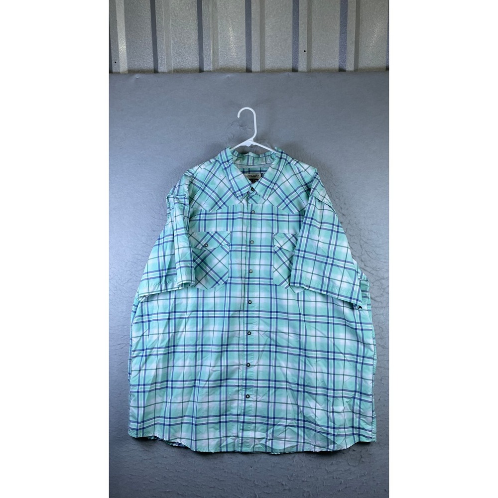 Magellan Fishing Shirt Mens 3XL Green Plaid Good Short Sleeve Snap Front Classic